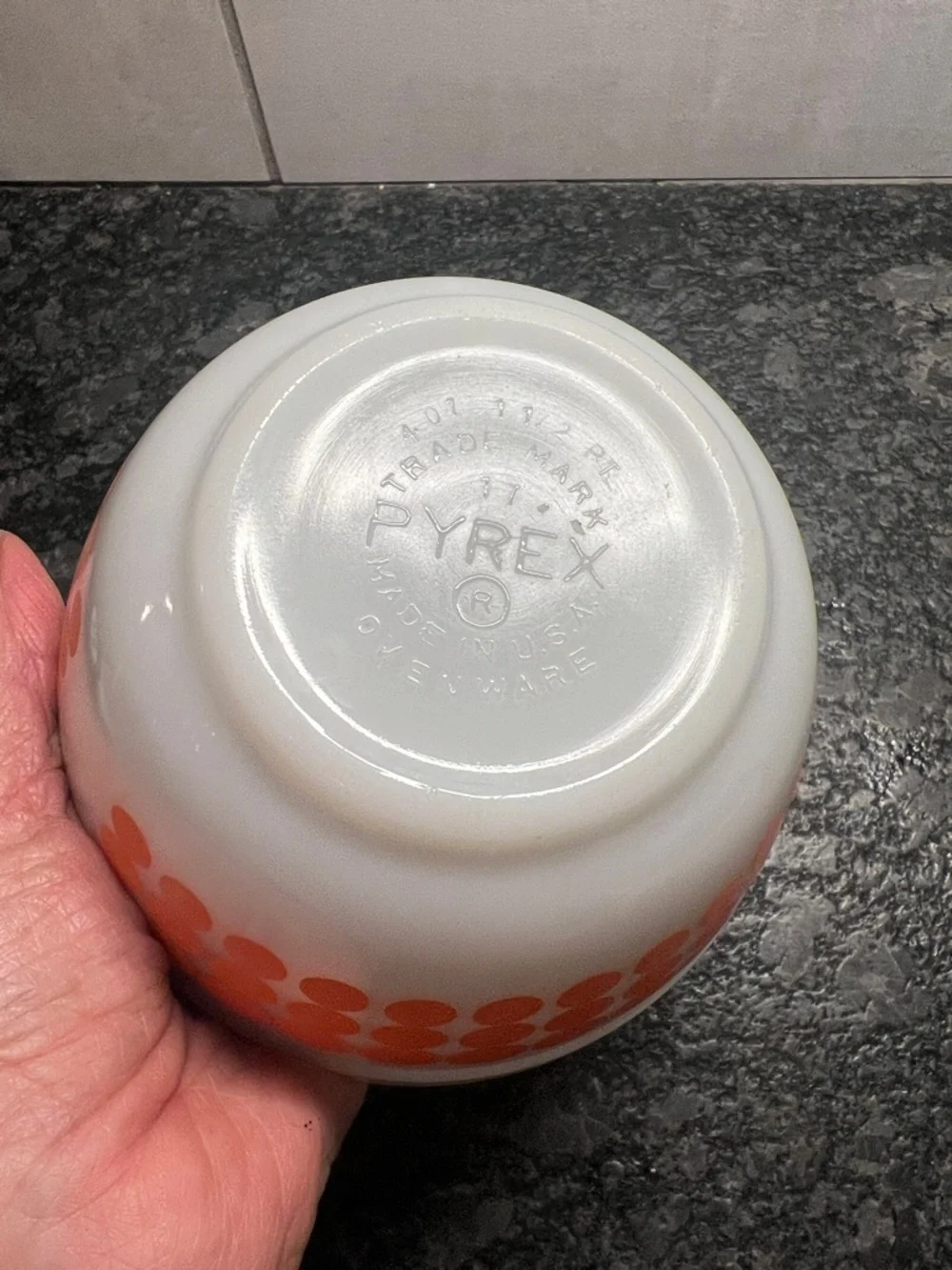 Pyrex White Milk Glass Mixing Bowl with Orange Dot Pattern Great condition.